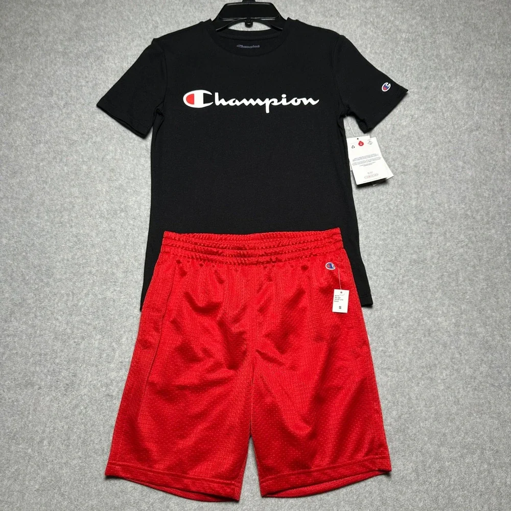 Champion Boys 2-Piece Set Black Graphic T-Shirt Red Mesh Shorts Sz Small (8)